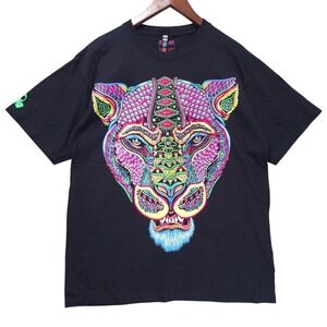 ESQUIZO Mexico Neon Jaguar T-Shirt Psychedelic Huichol Art Blacklight‎ Glow L